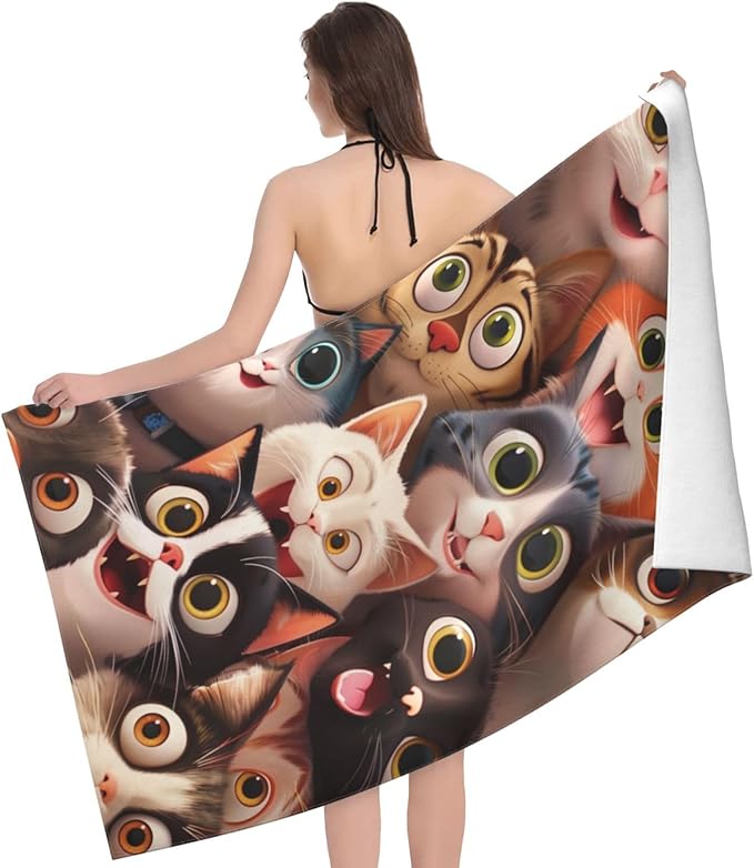 Cute Cat Beach Towel Microfiber Sand Free Colorful Kitty Towels for Adult Kids Quick Dry Ultra Absorbent Super Soft Pool Travel Swim Bath Shower Towel Gifts 52” x 32”
