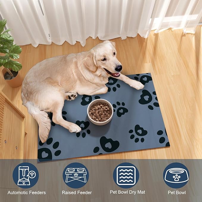 BLESWIN Dog Feeding Mat 12"x20", Absorbent Mat for Dog Water Bowl, Rubber Pet Food Mat, Pet Food Mats for Floor Waterproof, Pet Placemats for Food and Water, Cat Feeding Mat, Blue
