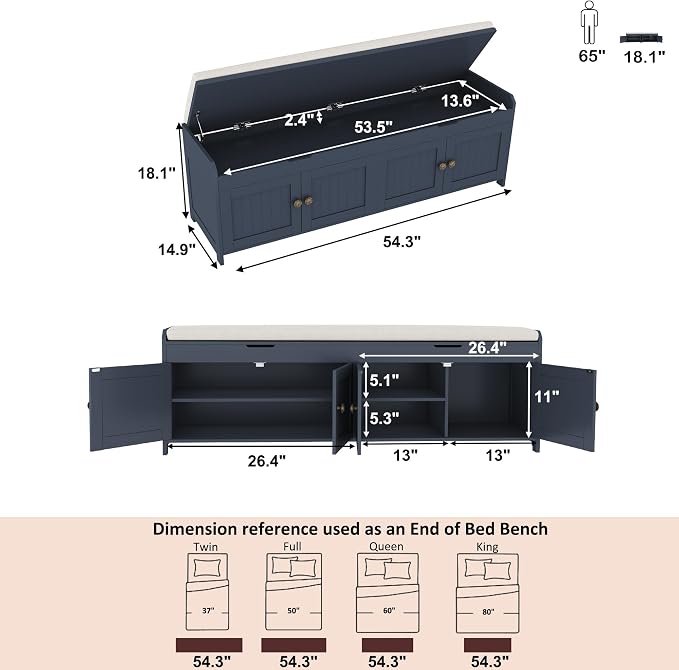 HOMEFORT 54.4" Shoe Bench with Lift Top Storage, Entryway Bench with Cushioned Seat, Wooden End of Bed Bench, Shoe Cabinet Bench with Hidden Storage Space, for Bedroom, Hallway,Blue