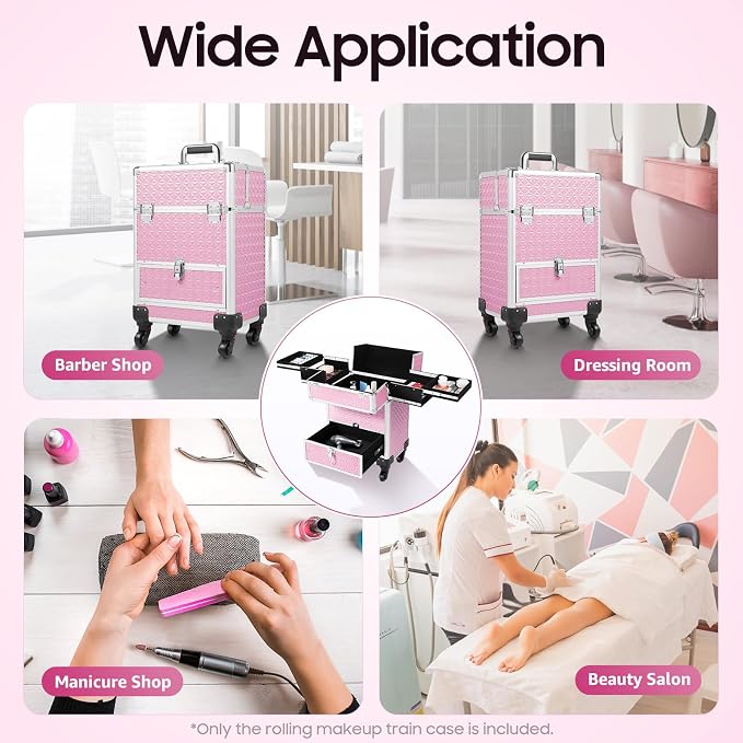 3 in 1 Makeup Rolling Train Case, Cosmetic Travel Trolley Storage Sliding Drawer 4 Tray Professional Cosmetic Organizer Box with 3 Keys Swivel Wheels for Make Up Hairstylists Nail Tech (Pink)