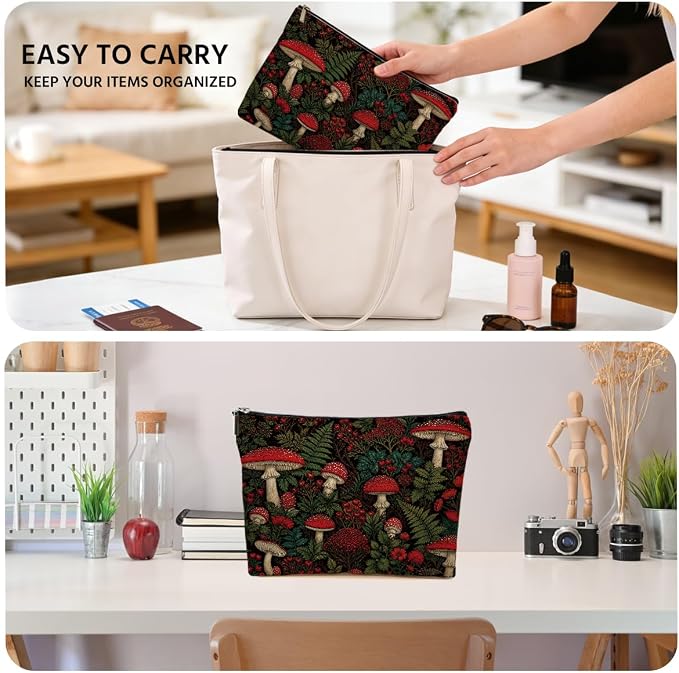 JIUWEIHU Vintage Red Mushroom Makeup Bag Forest Cottagecore Cosmetic Bag | Mushroom Gifts Travel Toiletry Bags for Women Girls Friends Sisters Wife Christmas Friendship Graduation Birthday Gifts