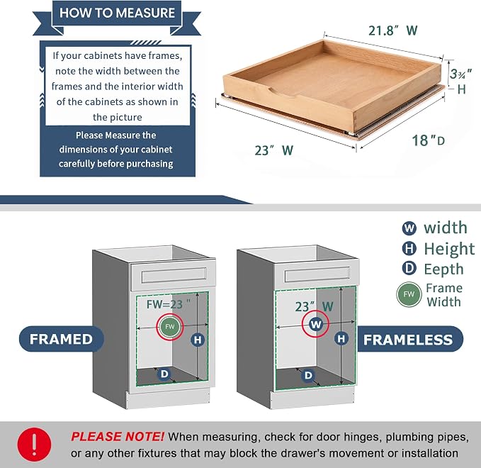 Pull Out Cabinet Drawers - 6x2 Size Options (12-23'W,18-21'D), Pre-Assembled with Soft Close Slides, Solid Beechwood, Easy Installation(23'W x 18'D)
