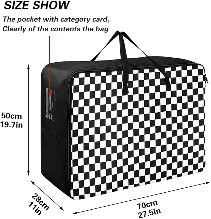 Comforter Storage Bags Large Folding Blanket Organizer Bag with Strong Handles Clear Window Closet Storage Containers for Clothes King Queen Pillows Bedding Quilt Duvet Checkered Black and Whit