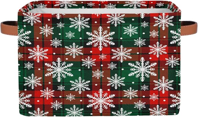 Pardick Christmas Red Green Snowflake Basket Storage Bins Large Fabric Toys Storage Cube Box with Handles Collapsible Closet Shelf Cloth Organizer Basket for Nursery Bedroom Bathroom Holiday Gift