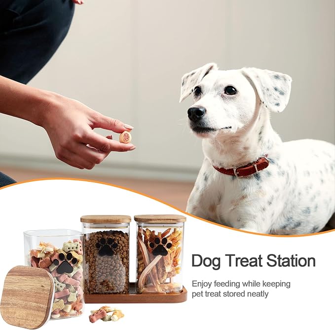 37oz Glass Dog Treat Jars Set of 3,Clear Dog Treat Container with Wooden Lids,Airtight Cat Treat Jar,Small Pet Treat Canister,Puppy Food Bin-Keep Fresh Crispy-Brown