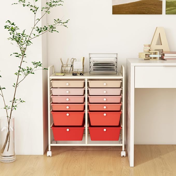 12 Drawer Rolling Storage Cart, Art Cart Organizer on Wheels, Mobile Utility Cart with Drawers, Multipurpose Craft Drawers for Home Office School Classroom (Mixed Pink)