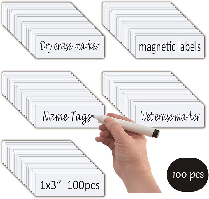 STTMGN Dry Erase Magnetic Name Tags,Magnets for Classroom(1x3,Pack of 100),Write On Labels,Waterproof/Reusable for Office&File Cabinet&Whiteboard&Fridge(White)