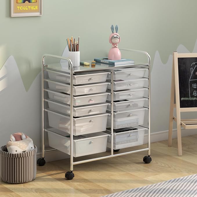 12 Drawer Rolling Storage Cart, Art Cart Organizer on Wheels, Mobile Utility Cart with Drawers, Multipurpose Craft Drawers for Home Office School Classroom (Clear)
