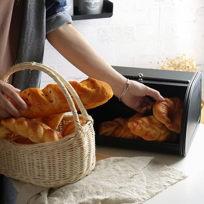 Home by Jackie Inc X458 Black Metal Bread Box/Bin/kitchen Storage Containers with Roll Top Lid (Black) | Large Space, Keeps Bakery Items Fresh Longer, Stores Cookies, Bagels, Muffins