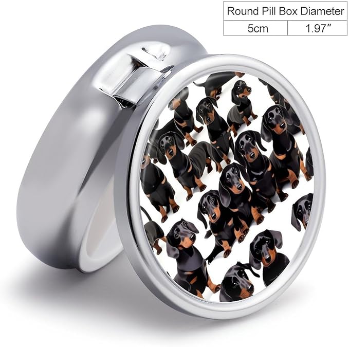 Dachshund Weiner Pet Dog Round Metal Pill Organizer 3 Compartment Travel Pill Case with Mirror Waterproof & Leak-Proof for Daily Meds Vitamins Supplements Fits in Purse Pocket Bag