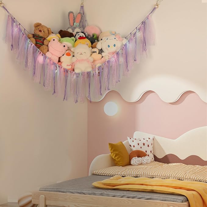 Stuffed Animal Hammock with LED Lights - 59 Inch Large Toy Storage Net for Kids Bedroom, Wall-Mounted Plush Organizer with Wooden Rings, Nursery Decor (Handwoven, Purple)
