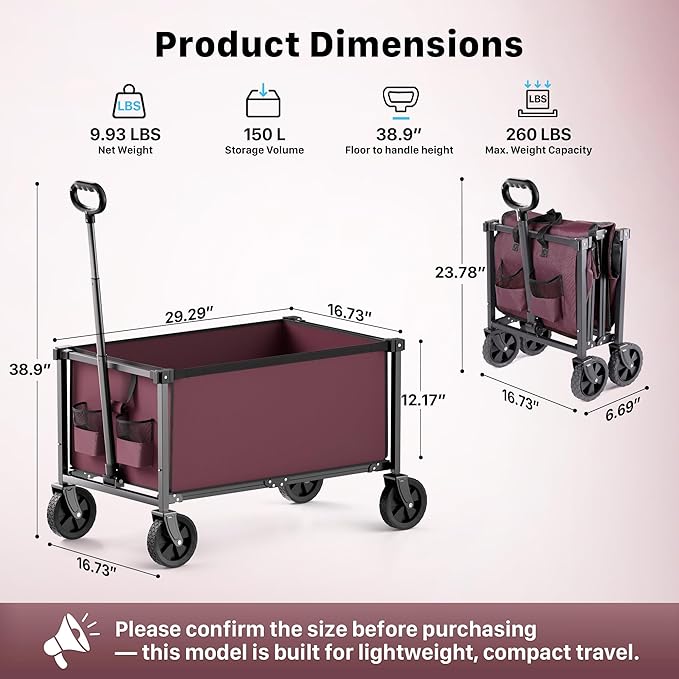 29.3" Collapsible Wagon Cart, 150L Heavy Duty Folding Utility Wagon with Wheels, 260 lbs Load, Portable Rolling Cart for Garden, Shopping, Sports, Camping, WineRed
