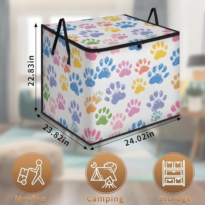 Colorful Dog Paw Large Storage Bags, Fabric Bed Storage Containers, Foldable Closet Organizers for Blanket, Clothing, Comforter, Bedding, Paw Print