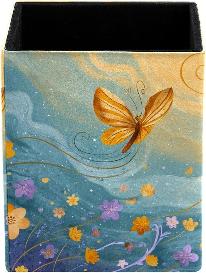 Butterfly Pen Holder for Desk Decor, Rectangular PVC Leather Pencil Cup for Desk Pen Organizer, Makeup Brush Holder for School, Home, Office
