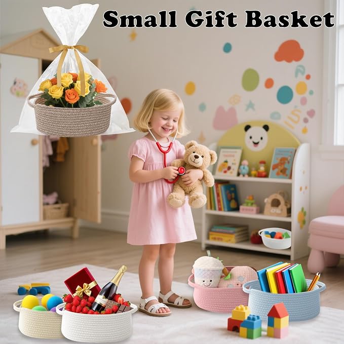 Woven Rope Basket,Baby Gift Basket with Bag & Ribbon, Mixed Brown | Cotton rope with handle, 12x8x5 in, gift bag and ribbon, for baby shower, birthday, toy storage, nursery, shelf decor