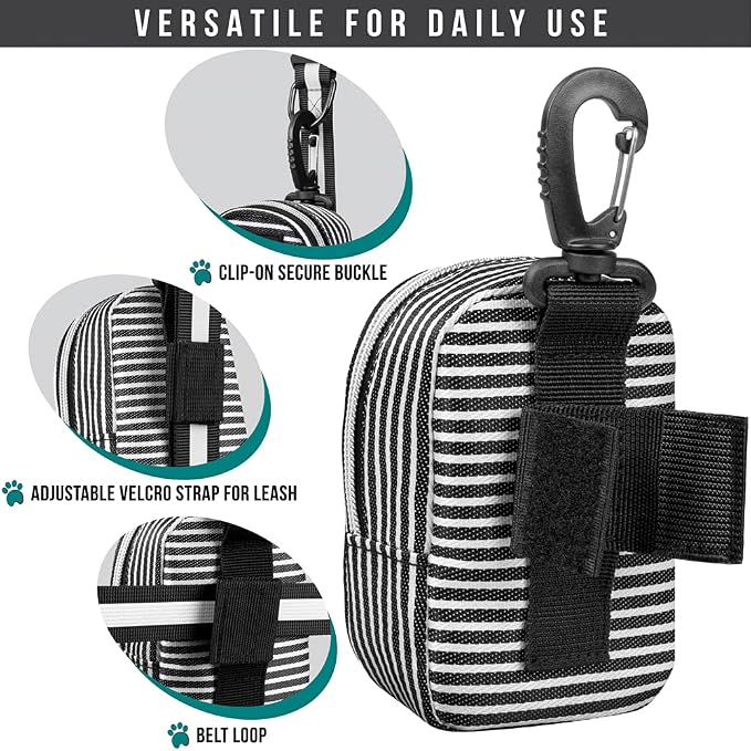 PetAmi Dog Poop Bag Holder for Leash, Pet Waste Bag Dispenser, Stripe Black | Doggy Puppy Walking Accessories Travel Camping, Dog Treat Pouch Supplies Must Have, Doggie Poo, Jogging, Walks