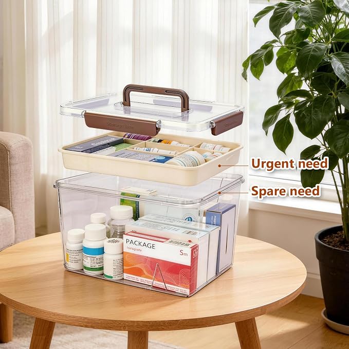 15QT Clear Medicine Storage Box, Portable Double Layer Medicine Organizer Box with Detachable Divided Tray, Clear Medicine Box for Family, Travel, Office & Dorm First Aid Medication Storage(XL)