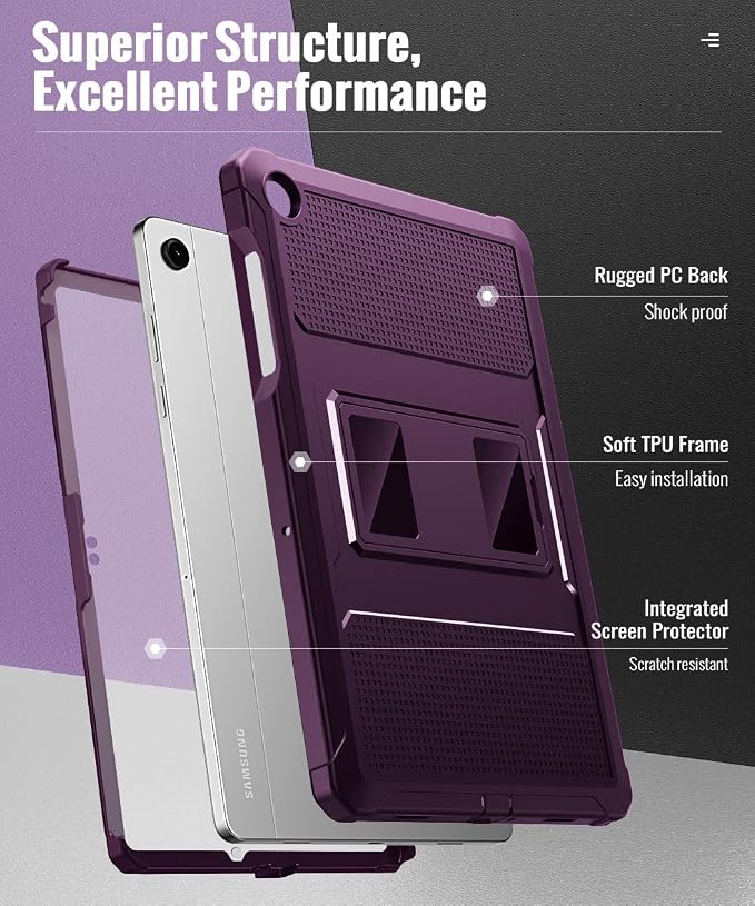 MoKo Shockproof Case Fit Samsung Galaxy Tab A11+ Plus/ A9+ 11 Inch | Full Body Rugged Stand Back Cover with Built-in Screen Protector for Galaxy Tab A11+/ A9+ Tablet, Dark Purple