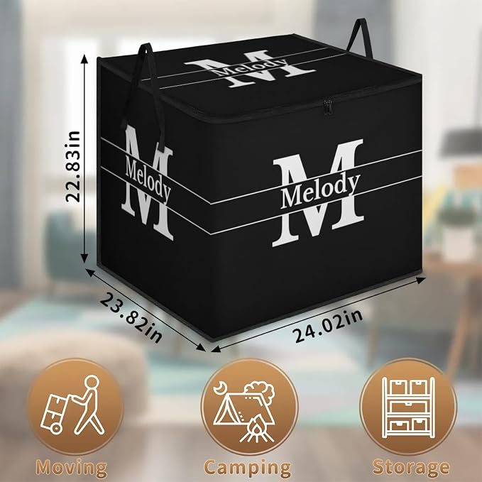Custom Name Storage Bin with Lid, Personalized Extra Large Black Storage Basket with Handles Zippers for Organizing Comforters, Blankets, Bedding Closet Shelf Baskets, Initial Letter