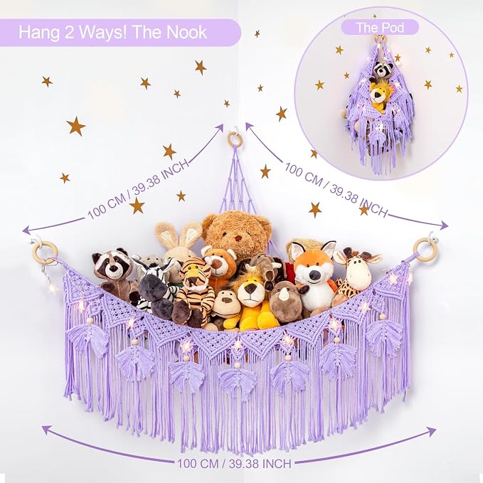 Macrame Stuffed Animal Storage with Star Light, Corner Hammock for Nursery | Corner Hanging Stuffed Animal Net Organizer for Girls' Room, Plushies Toy Wall Hanging Display Holder, Kid Gift