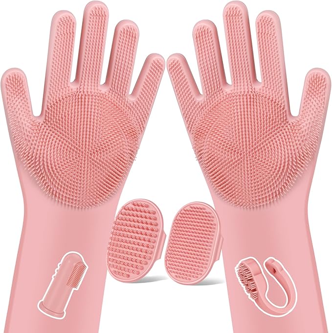 Augwind 6PCS Pet Grooming Kit for Dogs, Cats and Horses | Dog Washing Gloves | Cleanroom Gloves | Dog Bath Brush | Dog Bath Gloves | Dog Shampoo Brush | Dog Bath Supplies (Light Pink)