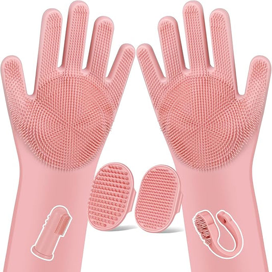 Augwind 6PCS Pet Grooming Kit for Dogs, Cats and Horses | Dog Washing Gloves | Cleanroom Gloves | Dog Bath Brush | Dog Bath Gloves | Dog Shampoo Brush | Dog Bath Supplies (Light Pink)