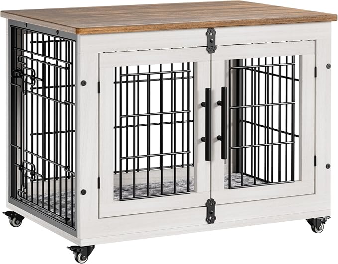 Medium Dog Crate Furniture, 32'' Heavy Duty Kennel w/Cushion & Wheels | White, Double Doors, Wooden Dog Cage, Chew-Resistant, End Table, Decorative, 27"/32"/38"/44" Options, Indoor