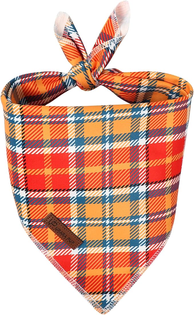 Fall Dog Bandana – Orange Yellow Plaid Triangle Scarf for Small Medium Large Dogs, Soft Cotton Pet Bib for Autumn Thanksgiving, Adjustable Dog Kerchief for Daily Fall Wear