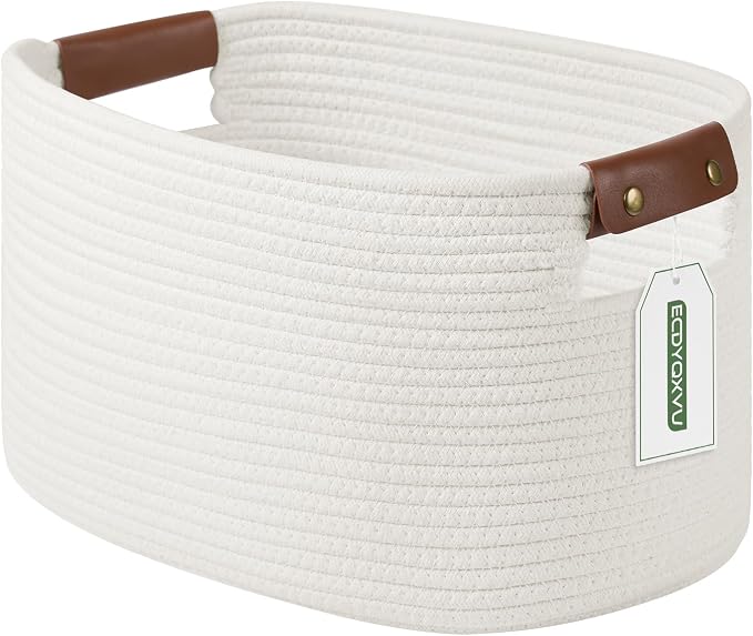 ECDYQXVU 15x10x9 Woven Cotton Rope Storage Basket, Leather Handles 1 Pack | Foldable Design, Sturdy PU Handles, Easy to Clean Organizer for Living Room, Closet, Shelves, Bedroom, Laundry, Clothes