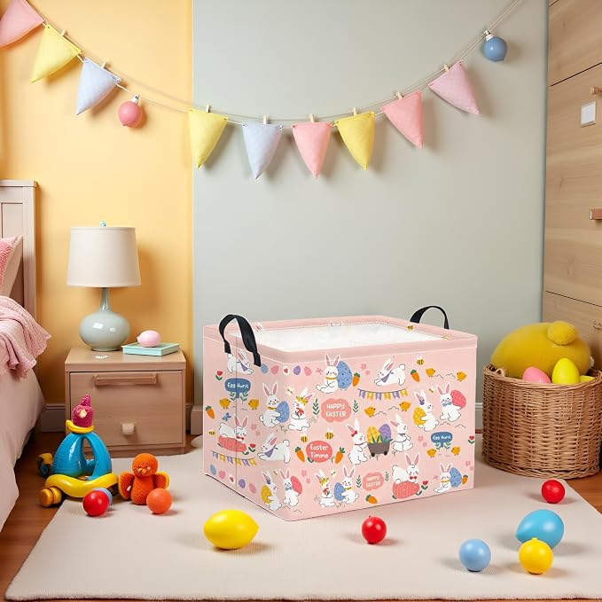 Rectangular Easter Basket Easter Basket for Kids Baby Storage Basket Cute Toy Storage Bin Organizer Shelf Book Basket Easter Room Decor(Pink Purple Easter)