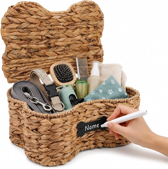 Pethiy Dog Toy Basket with Lid, Woven Water Hyacinth Pet Toy Storage, Seagrass Edge Dog Toys Organizer Bone Shape Basket Toy Box for Dogs Bone Shaped Basket