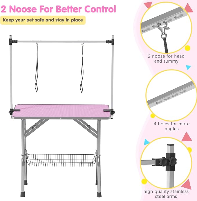 42'' Stainless Steel Pet Dog Grooming Table, Arm/Noose/Tray, Pink | Foldable Dog Grooming Table for Dogs at Home, Adjustable Height Arm, Non-Slip Waterproof Tabletop, Capacity 330Lb