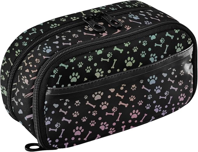 Pet Paw Black pattern Large Capacity Pencil Case with Zipper Water Resistant Portable Organizer Pen Bag for Office Students School
