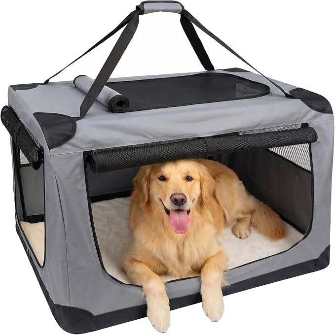 36 Inch Soft Dog Crate Collapsible 3-Door Travel Kennel for Large Dogs, Portable Pet Cage, Fleece Bed, Storage Pocket & Safety Zippers, Indoor Outdoor Car Use Dog Crate