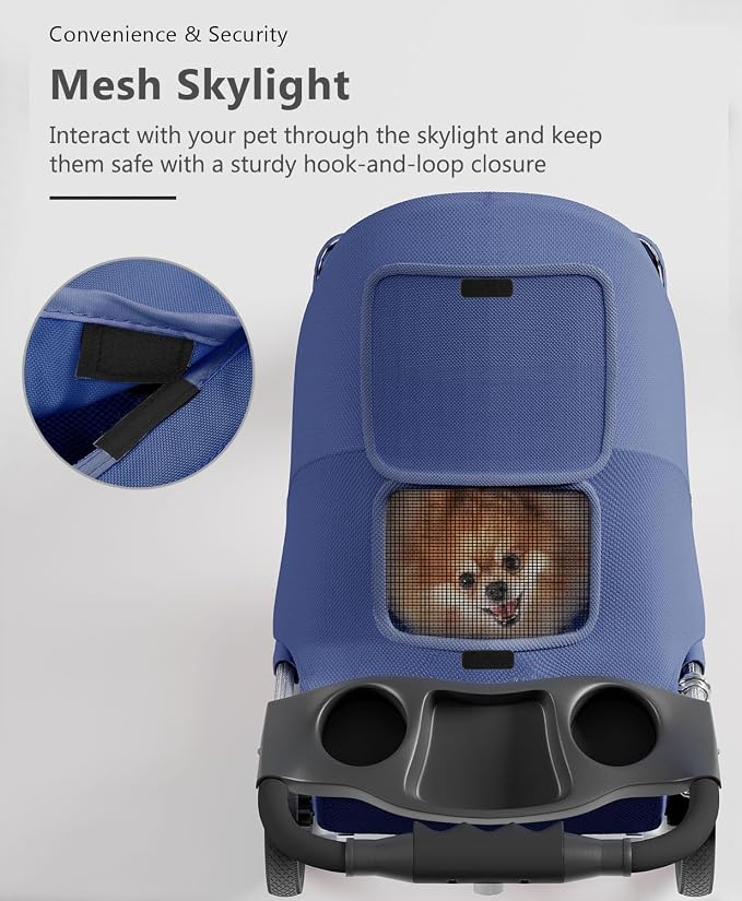 OS MOTOR 3 Wheels Pet Stroller for Small Medium Pets, Navy Blue | Foldable Carrier Jogger, Rear Wheel Breaks, Storage Basket, Visible Mesh Weather Cover, Portable, Dog, Cat, Puppy, Kitty