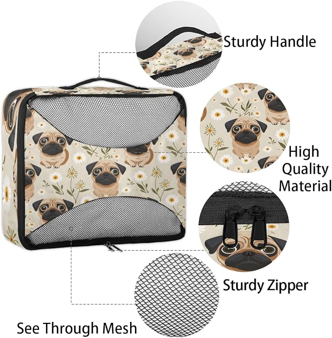 Pug Dog 4 Set Travel Packing Cubes for Accessories, Suitcase Organizers Luggage Bags Set with Double Zippers & Mesh Top