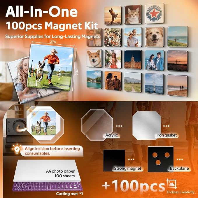 2x2 Inch Square Fridge Magnet Maker Machine Kit- [100Pcs Consumables +100 Sheets Photo Paper, Cutter & Cutting Board] Upgraded Black Gold Square Magnet Maker | Photo Magnet Making kit