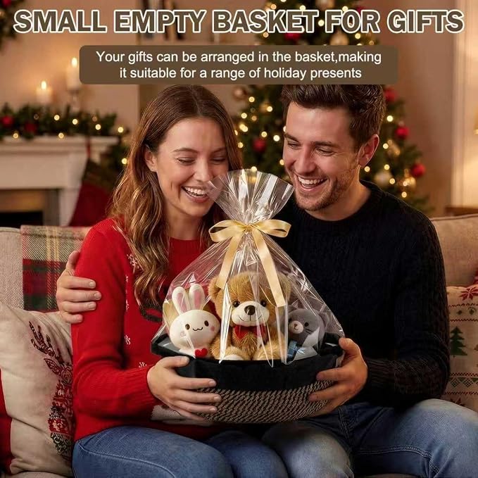 Basket for Gifts Empty, Small Woven Basket with Bags and Ribbons, Baby Toy Baskets with Handles, Wicker Storage Bin for Baby Showers or Pet Toy (Black & Brown, 1 Pack (12"x 8"x 3.74"))