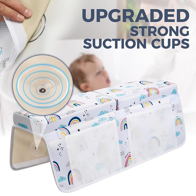 Bath Kneeler and Elbow Rest Pad Set, 1.5” Thick Bathtub Kneeling Mat | Cozy Memory Foam, Non-Slip 6 Suction Cups and 4 Toys Organizer Pockets, Quick-Dry Bath Kneeling Pad for Babies Toddlers