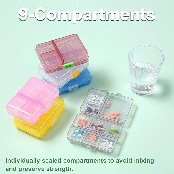 Large Travel Pill Organizer Box, Daily Medicine Dispenser Reminder | 9 Compartment Weekly Supplement Pill Holder Planner, Double Seal Portable Vitamin Fish Oil Capsule Container, Transparent