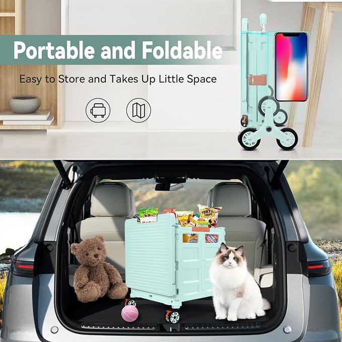 Foldable Utility Cart Portable Crate Rolling Dolly with Telescopic Handle,Can be Pulled diagonally, Magnetic Retractable Lid, 360°Swivel Climbing Wheels for Shopping Carrying Groceries Move Green