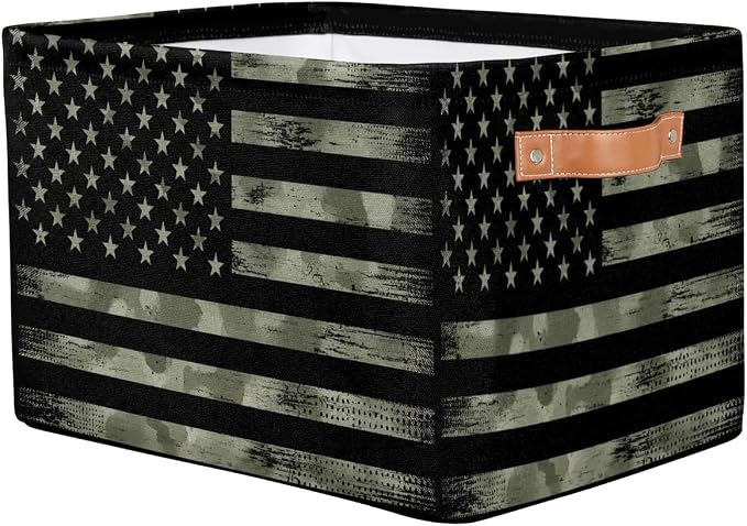 Pardick Flag Basket Storage Bins Rectangle Canvas Basket Cube Storage Box | Nursery Foldable Basket with Handle for Kids Girls Boys Toys Living Room Closet Organizer Shelf Gifts Camo Amry