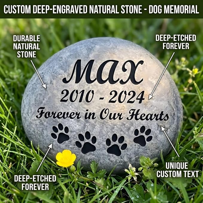 Personalized Pet Memorial Stones - Custom Deep Engraved Dog & Cat Headstone Grave Marker | Natural Stone Pet Marker with Name, Date & Quotes (Name & Icon)