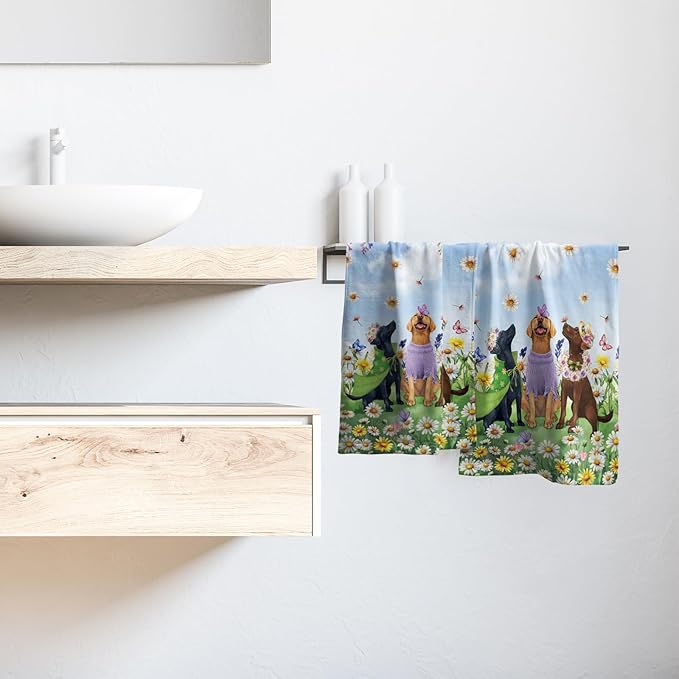 Giwawa Spring Dogs Towel Set of 2 Watercolor Daisy Floral Funny Puppy Decorative Hand Towels Colorful Wildflower Soft Microfiber Face Towel Washcloth for Bathroom Guest Gym Spa Hotel Holiday