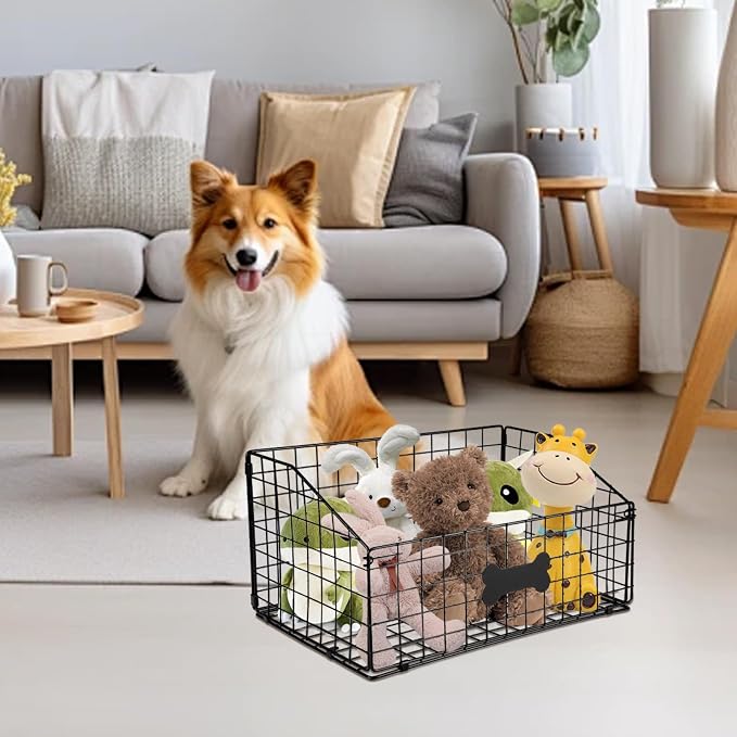 Geyecete Toy box for dogs large Dog Toy organizer Pet wire folding basket dog toy container dog toy box -Can be Personalized-Cat and Puppy-Black