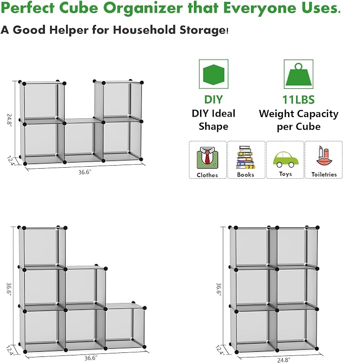 C&AHOME 6-Cube Storage Organizer Cube Shelf Closet Storage Bookcase, Grey | Stackable Cubby Storage, Bookshelf, Portable Plastic Storage Closet Organizer, DIY Modular Shelving Units for Home, Wardrobe