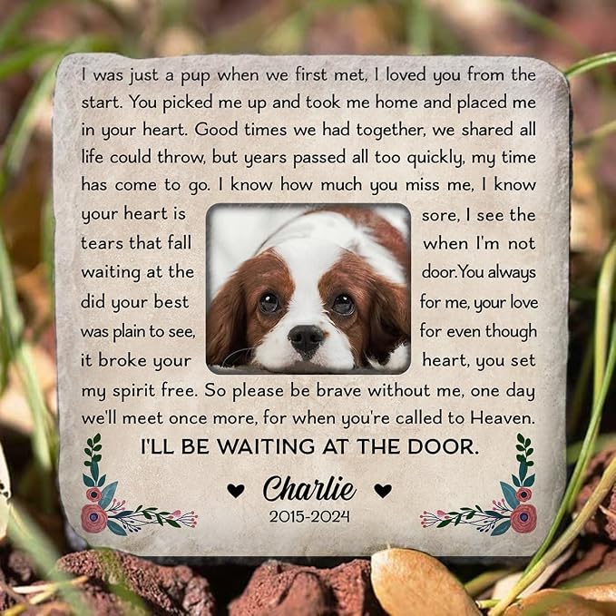Wrappiness Pet Memorial Stone - I Will Be Waiting at Door, Personalized Dog Memorial Gifts, Remembrance Condolences Bereavement Gifts for Loss of Pet Custom Photo (Square 02, Stone)