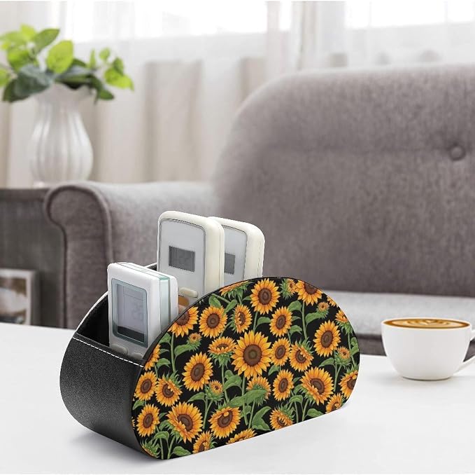 Leather Remote Control Holder Giant Sunflower Black Office Desk Organizer | with 5 Compartments, Giant Sunflower Black Caddy Storage Box for TV Remotes, Media Controllers, Makeup Brush