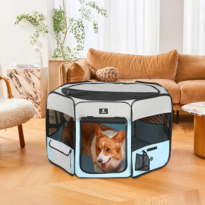 X-ZONE PET Dog Playpen Portable Pet Play Pens for Puppies, Cat, Rabbit, Chicks, Foldable Exercise Play Tent Kennel Crate, Indoor/Outdoor Travel Camping Blue Medium