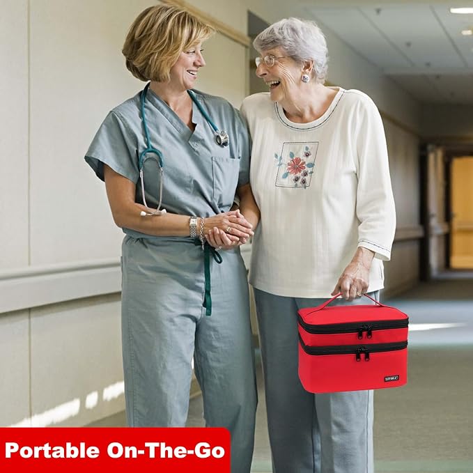 LEFOR·Z Medicine Storage Bag,Double Layers Pill Bottle Organizer Bag Empty | Medical Supplies Bag with Lockable Zipper & Adjustable Divider,Medication Travel Carrying Bag for Pills,Vitamins,Red